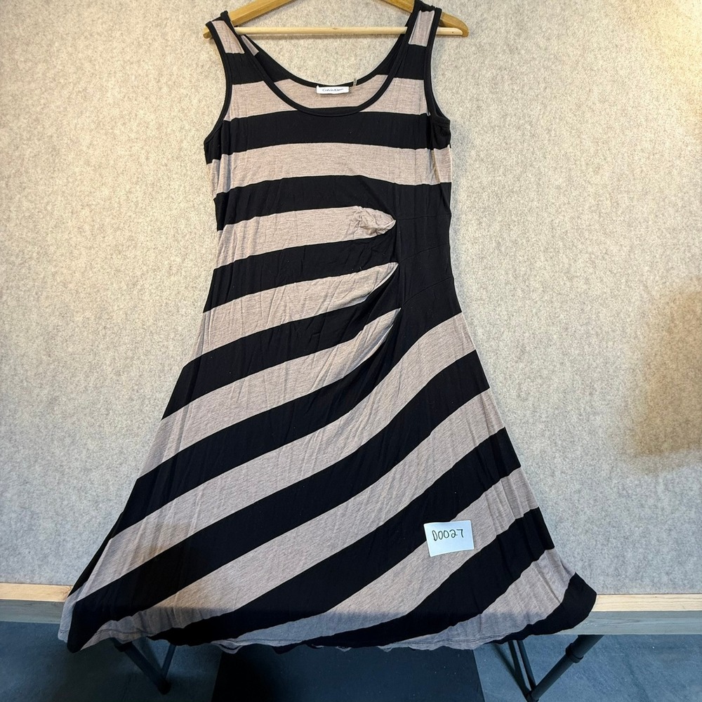 Calvin Klein Womens Striped Ruched Side Sleeveless Jersey Dress Black Tan Size 6